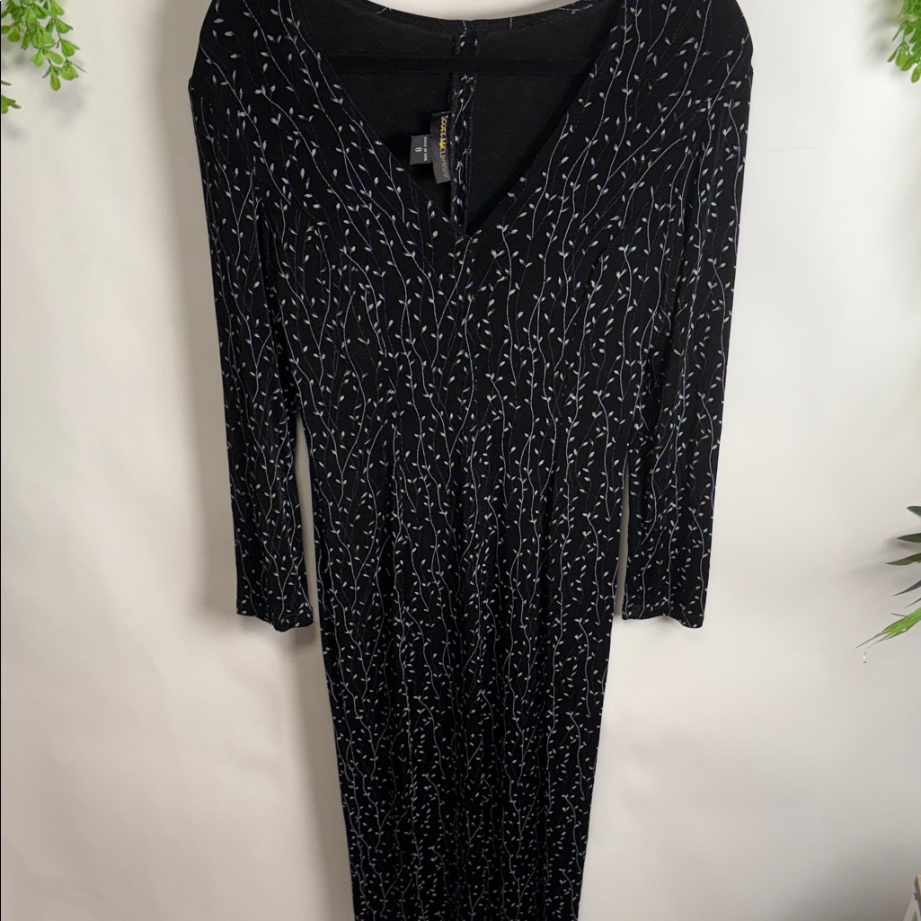Scott Mcclintock Black Long Sleeve V-Neck Dress With White Vine Pattern